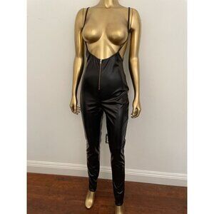 Cherie Los Angeles Black Faux Leather Catsuit Front Zipper & Spaghetti Strap
